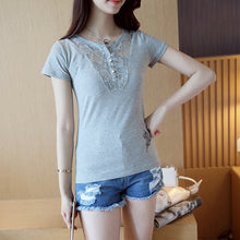 New Fashion Short Sleeve T-shirts Female Lace Hollow out T shirts Cotton Tops For Women Plus Size V-Neck Tshirt 72476 GS