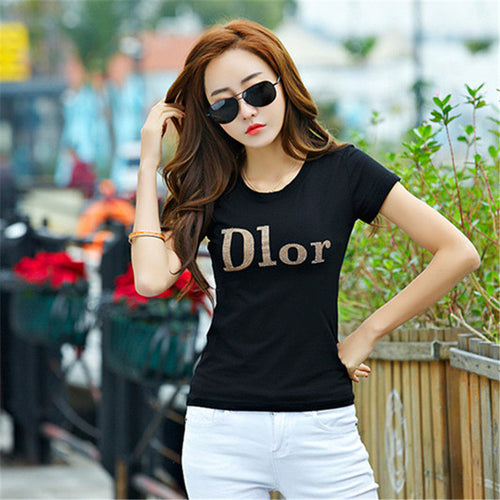 New Fashion Short Sleeve T-shirts Plus Size Female Letter Print T shirts Top O-neck Women European Diamonds t shirt 71411 GS