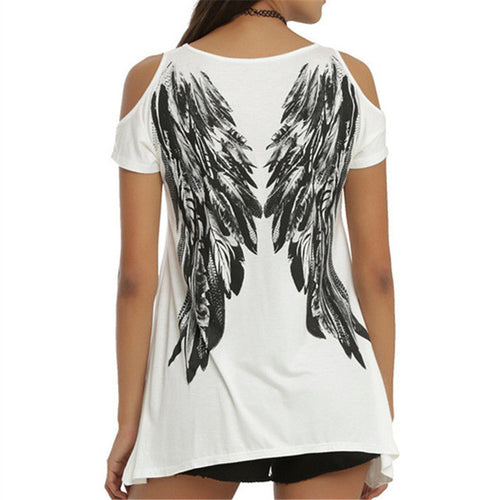 New Fashion Summer O- neck Casual Shirts Women Feather Printed T-shirts Off Shoulder Short-sleeved T-shirt Femal Tops GS