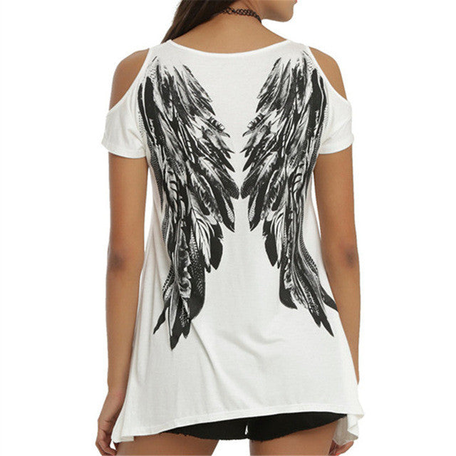 New Fashion Summer O- neck Casual Shirts Women Feather Printed T-shirts Off Shoulder Short-sleeved T-shirt Femal Tops GS