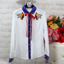 New Fashion Summer Women Embroidery Bee Blouse Long Sleeve Women Turn-down Collar Button Bow Blouse Shirt Women Top 72433 GS