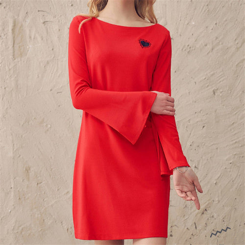 New Fashion Vestidos Plus Size Straight Knee-Length Print Dress Full Flare Sleeve O-neck Women Dresses 72328 GS