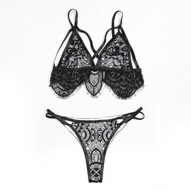 New Fashion Women Floral Lace Bralette Bustier Crop Top + G-String Lace Sheer Triangle Unpadded Crop Top Women #424 GS