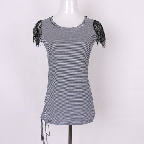 New Fashion Women Lace O-neck Female Top Striped T shirts Short Sleeve S-XL Female Plus Size Russian Tee 72285 GS