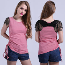 New Fashion Women Lace O-neck Female Top Striped T shirts Short Sleeve S-XL Female Plus Size Russian Tee 72285 GS