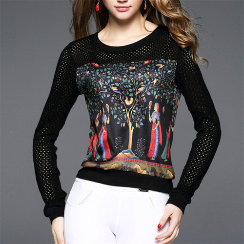 New Fashion Women O-neck Full Sleeve Women t-shirt Comic Character Print T shirts With Diamond Sequins Hollow Out 72070 GS