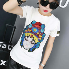 New Fashion Women O-neck Short Sleeve Women t-shirt Peking Opera Character Print T shirts With Embroidery Sequins 72442 GS