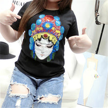 New Fashion Women O-neck Short Sleeve Women t-shirt Peking Opera Character Print T shirts With Embroidery Sequins 72442 GS
