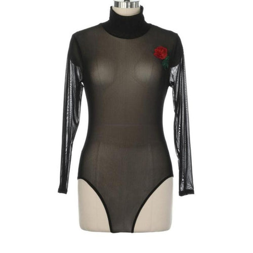 New Fashion Women Rose Embroidery Mesh Bodysuits Women Rompers Jumpsuit Leotard Lingerie Short Overalls Black #23 GS