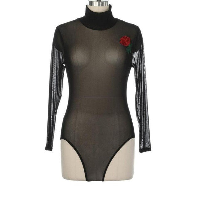 New Fashion Women Rose Embroidery Mesh Bodysuits Women Rompers Jumpsuit Leotard Lingerie Short Overalls Black #23 GS