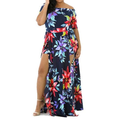 New Fashion Women Sexy Rompers Short Floral Print Sexy Off Shoulder Ladies Dresses Bodycon Playsuit Long Dress #43 GS