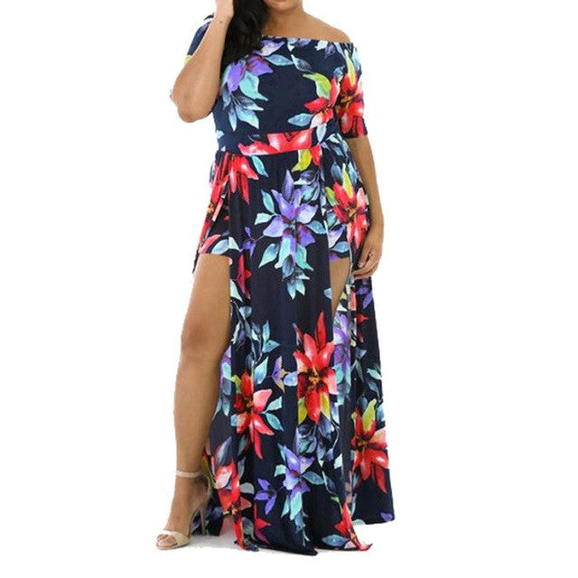 New Fashion Women Sexy Rompers Short Floral Print Sexy Off Shoulder Ladies Dresses Bodycon Playsuit Long Dress #43 GS