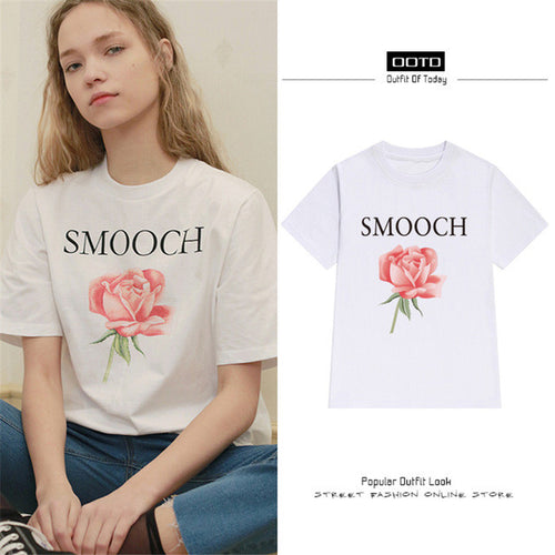 New Fashion Women Summer T shirts Female Letter SMOOCH Rose Floral Print t-shirt Short Sleeve Plus Size Woman tops 72535 GS