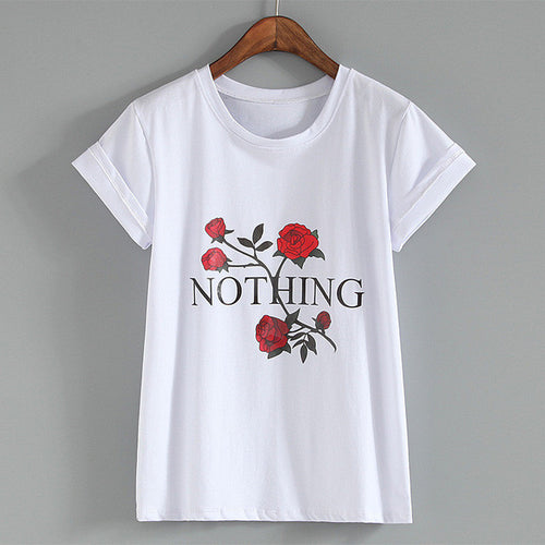 New Fashion Women Summer T shirts Female Nothing Letter Rose Floral Print t-shirt Short Sleeve Plus Size Woman tops 32785 GS