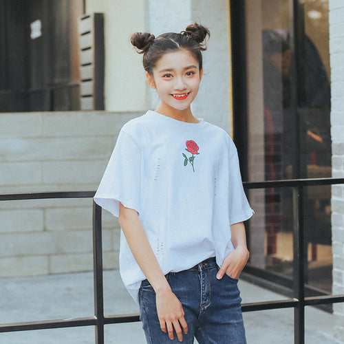New Fashion Women T shirts Female Slim Red Rose Floral Print t-shirt Short Sleeve Hole Woman tops 72530 GS