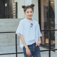 New Fashion Women T shirts Female Slim Red Rose Floral Print t-shirt Short Sleeve Hole Woman tops 72530 GS