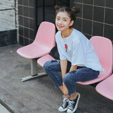 New Fashion Women T shirts Female Slim Red Rose Floral Print t-shirt Short Sleeve Hole Woman tops 72530 GS