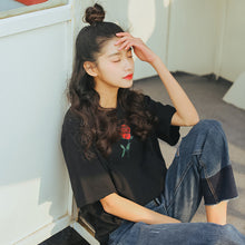New Fashion Women T shirts Female Slim Red Rose Floral Print t-shirt Short Sleeve Hole Woman tops 72530 GS