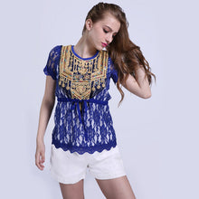 New Fashion Women T shirts Lace O-neck Female Top Short Sleeve S-XL Female Plus Size Russian Bling Tee 72284 GS