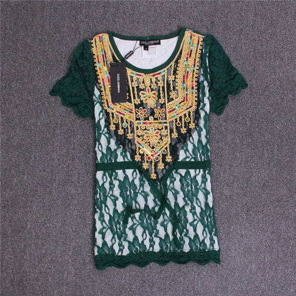 New Fashion Women T shirts Lace O-neck Female Top Short Sleeve S-XL Female Plus Size Russian Bling Tee 72284 GS