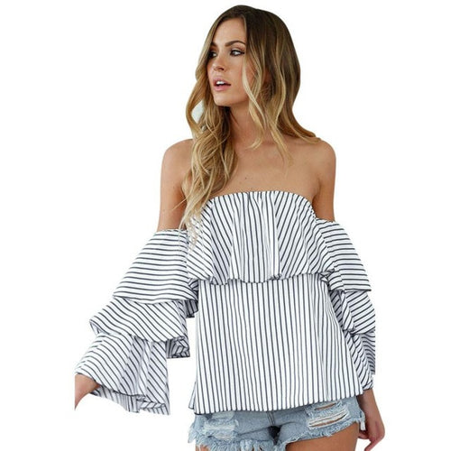 New Flare Sleeve Blouses Women Off Shoulder Striped Long Sleeve  Beach Shirt Blouse women tops camisetas mujer #23 GS