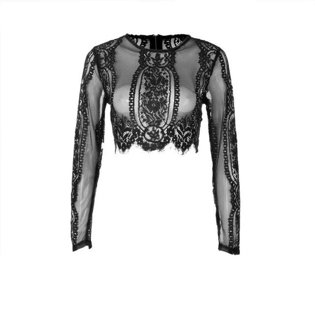 New Lace See-through Tops Ladies Shirt Women Top Black Red  O Neck Long Sleeve Short Sexy Zipper Womens Blouses #63 GS