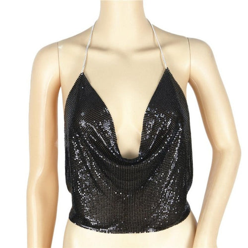 New Sexy Crop Top Women V-neck Halter Backless Chain Sequined Sleeveless Tank Tops For Women Vest Camisole Ladies 7Colors GS