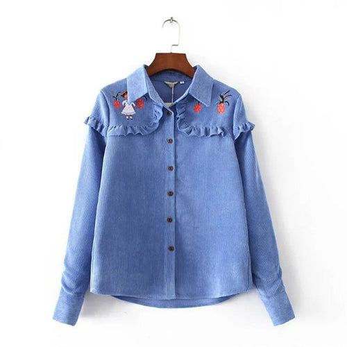 New Shirt Fashion Casual Female Long Sleeve Turn-down Collar Blusas Women Corduroy Pineapple Blouse With Button 72270 GS