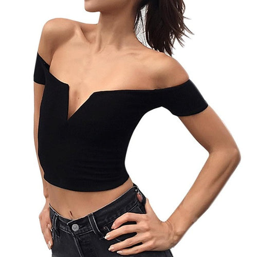 New Short Style Tops Women Sexy Boat Neck Strapless Tee Shirt Women Clothes roupa feminina ropa mujer #1209 GS