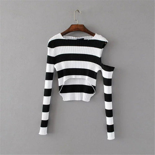 New Spring Pullover Women Fashion Hollow Out Striped Slim Sweater Full Sleeve O-neck Short Knitting Woman Sexy Sweaters GS