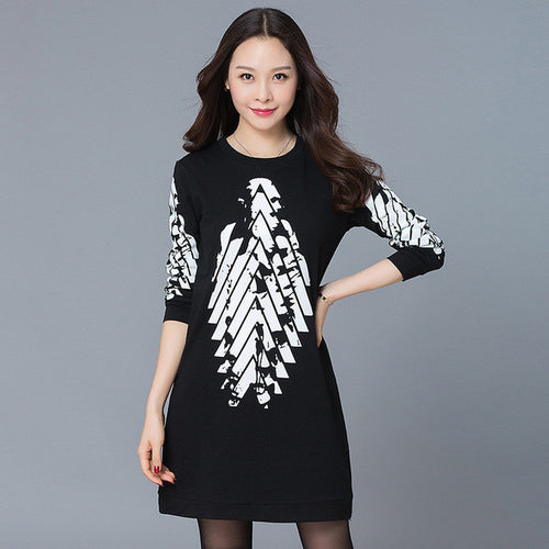 New Summer Women Straight O-Neck Full Sleeve Dress Fashion Print Plus Size Dresses Korea Style Vestidos 72261 GS