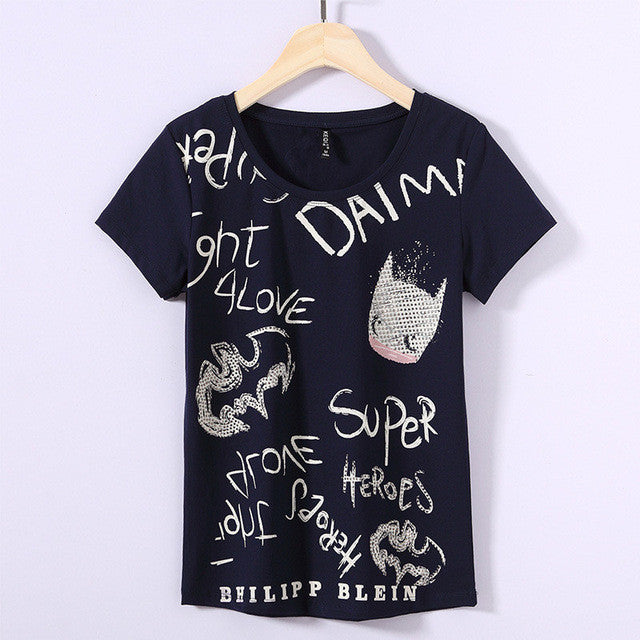 New Summer Women T Shirt Casual O Neck Short Sleeve Diamond Bling tshirt Female Letter Print Tops Tees 72367 GS