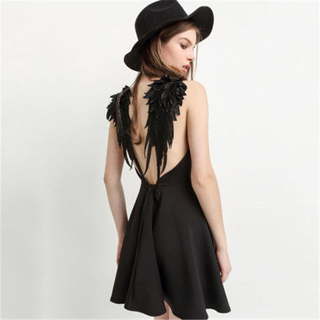 New Summer Women V-Neck Sleeveless Dress Fashion Feathers Slim Sexy Party Dresses Backless Beach Dress Vestidos 72266 GS