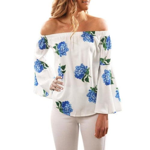 New T Shirt Women Off Shoulder Floral Print Tee Tops Ladies   Long Sleeve T-Shirts Sexy Tee Shirt Femme #425 GS