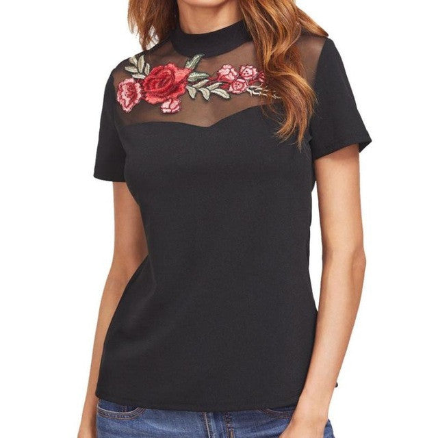 New T-Shirt Women PEmbroidered Rose Applique Floral Tee Tops Short Sleeve Brief O-neck  Women T shirt Black #23 GS