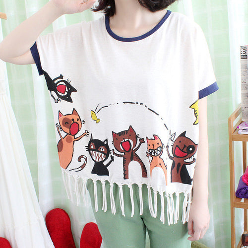 New T-shirts Plus Size Female Batwing Sleeve t shirts Cute Six Cat Print Patchwork Tassel Tops O-neck Women tshirts 72541 GS