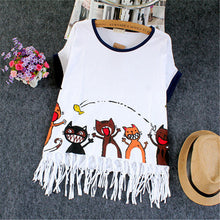 New T-shirts Plus Size Female Batwing Sleeve t shirts Cute Six Cat Print Patchwork Tassel Tops O-neck Women tshirts 72541 GS