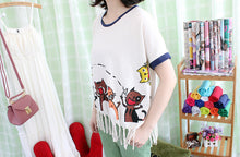 New T-shirts Plus Size Female Batwing Sleeve t shirts Cute Six Cat Print Patchwork Tassel Tops O-neck Women tshirts 72541 GS
