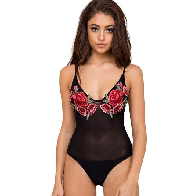 New Women Bodysuits Strap V Neck Appliques Floral Mesh Lace Sheer Transparent Women Overalls Combinaison short femme #43 GS