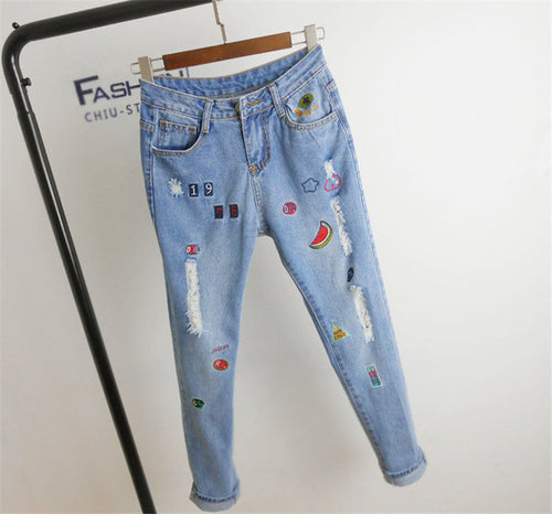 New Women Denim Embroidery Print Pants Loose High Female Pencil Pants Plus Large Size Jeans Ankle Length Trousers 72153 GS