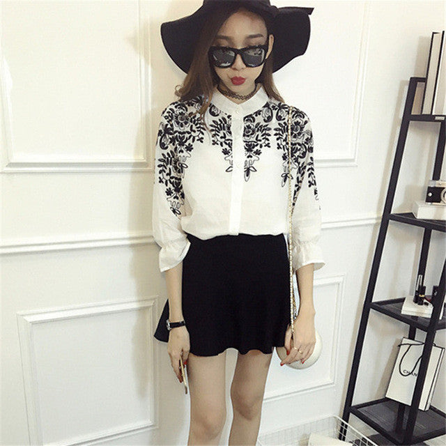New Women Embroidery Print Blouse Stand Collar Three Quarter Sleeve Tee Shirt Button Blouses Fashion Plus Size Blusas 72197 GS