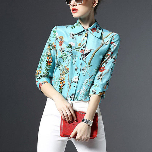 New Women Floral Print Blouse Turn-down Collar Full Sleeve Tee Shirt Casual Button Blouses Fashion Plus Size Blusas 72196 GS