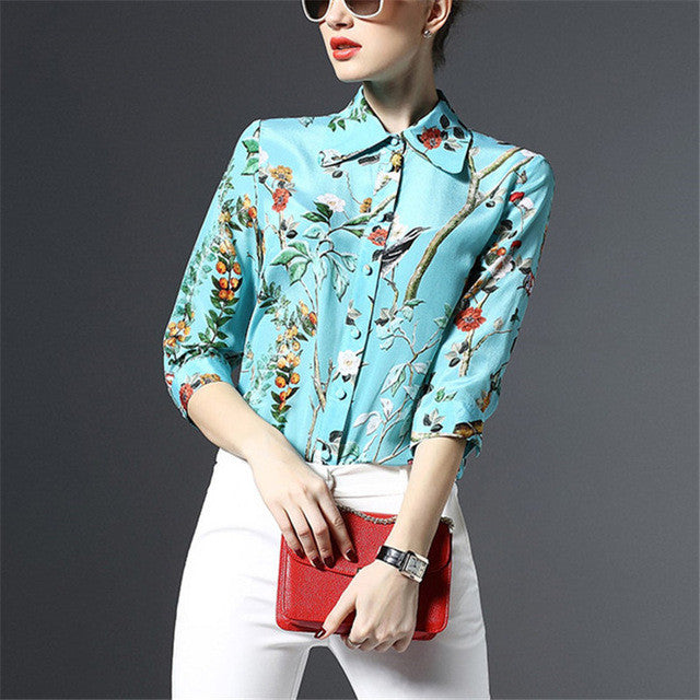 New Women Floral Print Blouse Turn-down Collar Full Sleeve Tee Shirt Casual Button Blouses Fashion Plus Size Blusas 72196 GS
