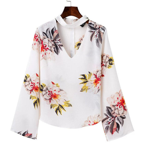 New Women Floral Print Blouse V-neck Full Sleeve Tee Shirt Blouses Fashion Plus Size Blusas With Zip-up 72224 GS