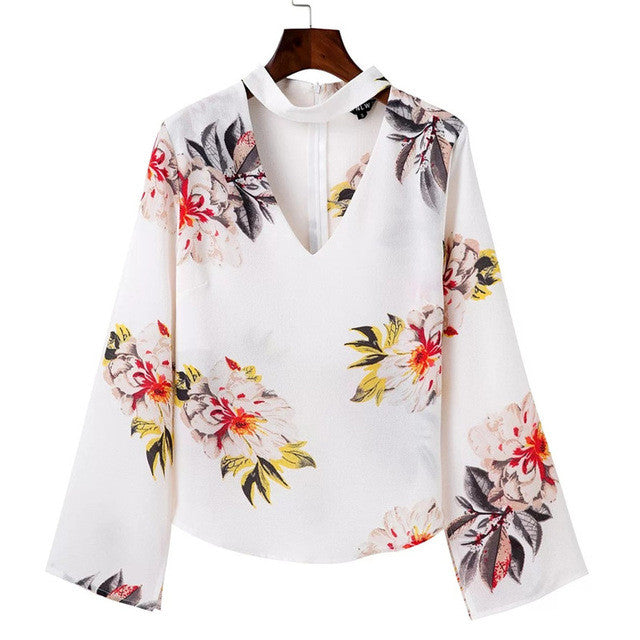 New Women Floral Print Blouse V-neck Full Sleeve Tee Shirt Blouses Fashion Plus Size Blusas With Zip-up 72224 GS