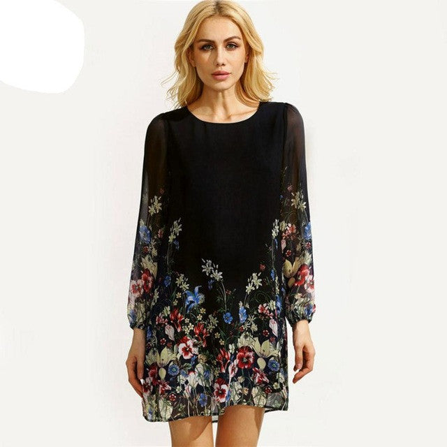 New Women Floral Print Chiffon Dress Long Sleeve O Neck Loose Casual Beach Boho Style Mini Dress Ladies vestidos mujer #63 GS