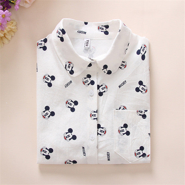 New Women Long Sleeve Blouse Fashion Turn-down Collar Button Shirt Tops Female Dog Bee Print Slim Shirts 72003 GS