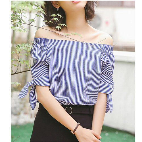 New Women Short Sleeve Blouse Fashion White and Blue Striped Bow tie Tops Female Slash neck Shirts 72468 GS