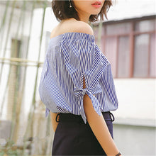 New Women Short Sleeve Blouse Fashion White and Blue Striped Bow tie Tops Female Slash neck Shirts 72468 GS
