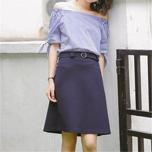New Women Short Sleeve Blouse Fashion White and Blue Striped Bow tie Tops Female Slash neck Shirts 72468 GS